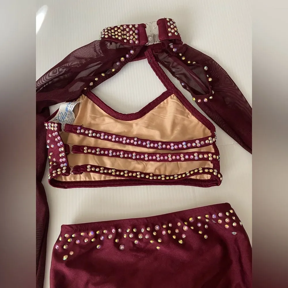 Glamour solo dance costume burgundy red 2 piece jazz contemporary MC-Med child